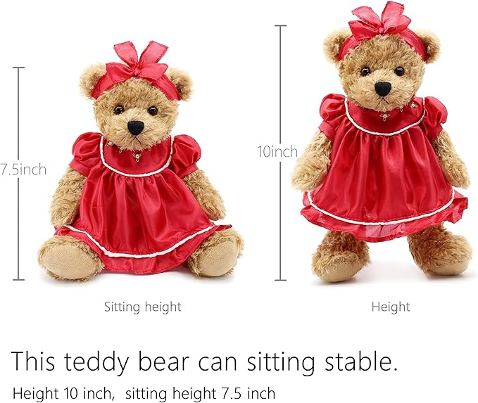 Oitscute Small Baby Teddy Bear with Cloth Cute Stuffed Animal Soft Plush Toy 10" (Red lace Dress)