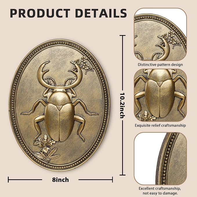 Newinhome Vintage Beetle Wall Sculpture, Antique Wall Decor, Ladybug Wall Decor, Hanging Decoration with Embossed Beetle Design, Vintage Decor for Living Room Bedroom and Hallway, Housewarming Gift