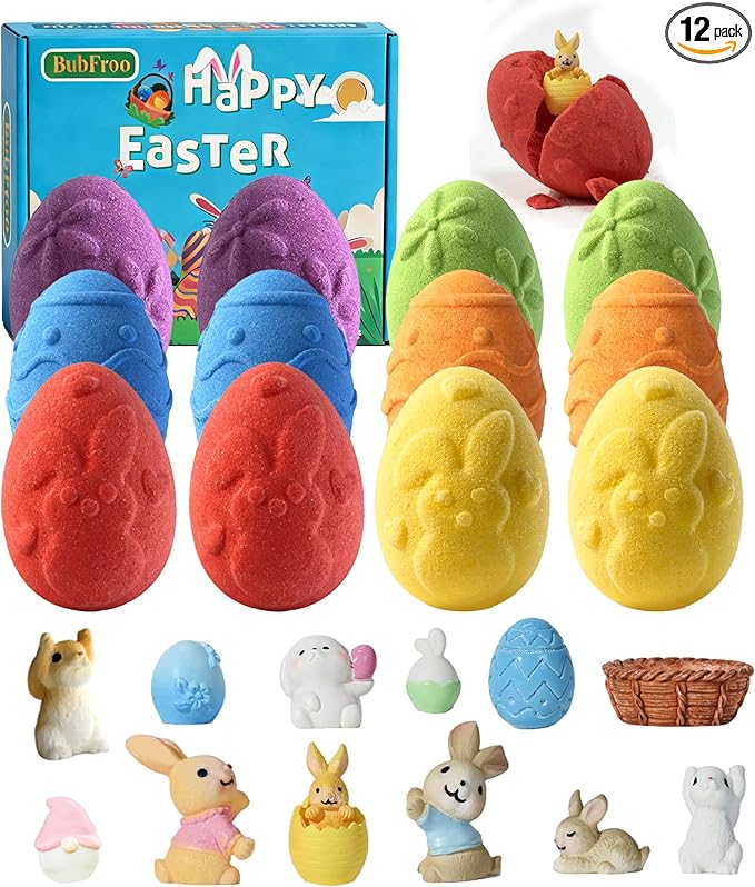 Bath Bombs for Kids, Easter Egg Organic Natural Bath Bomb with Surprise Toys Inside, Bubble Bath Fizz for Kids, Easter Basket Stuffers for Boys Girls, 12 Pack