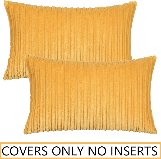 UGASA Pack of 2, Velvet Pillow Covers Striped, Soft Textured Throw Cushion Case Set, Accent Corduroy Lumbar Pillowcases with Hidden Zipper for Home Decor Indoor Outdoor (12"x20", Primrose Yellow)