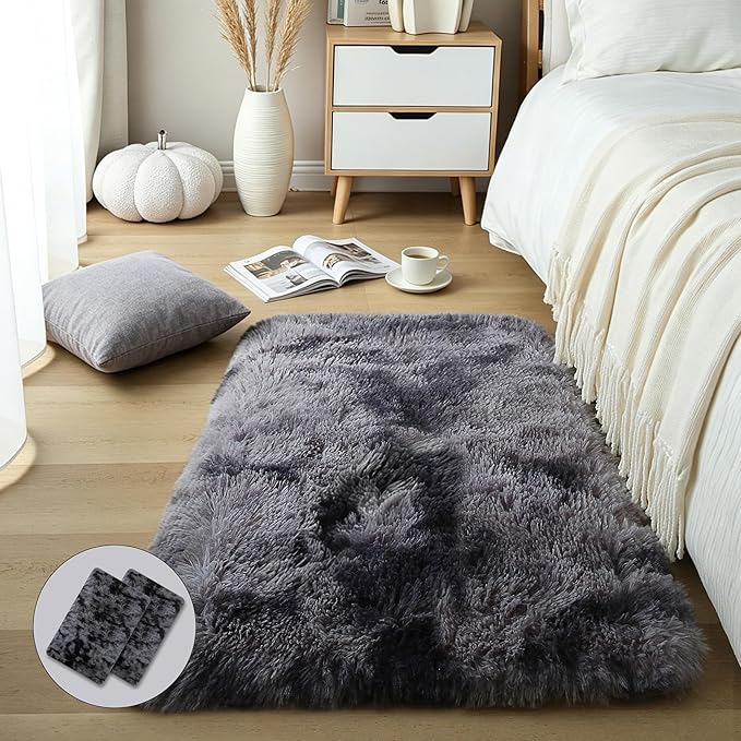 Dark Grey Fluffy Shag Rug 2x3, 2 Pcs Soft Plush Fuzzy Washable Non Slip | Modern comfy furry shaggy carpet for living room, bedroom, kids room, nursery, dorm, and baby