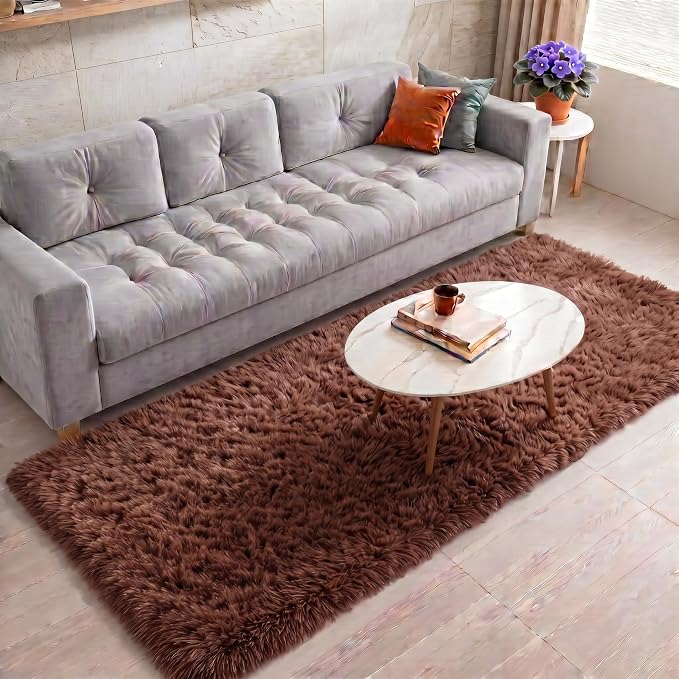 Brown Runner Rug 2' x 6', Fluffy Coffee Rugs for Bedroom Super Soft Long Bedside Rugs, Indoor Plush Carpets for Living Room Kids Teen Dorm Nursery Room Decor Aesthetic Non-Slip Hallway Rug