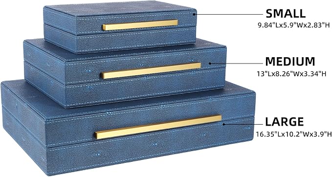 Decorative Storage Boxes with Lids, Decorative Boxes for Home Decor, Faux Shagreen Decorative Box for Stacking Jewelry, Photo, Memory, Storage Boxes, Set of 3 (Blue)