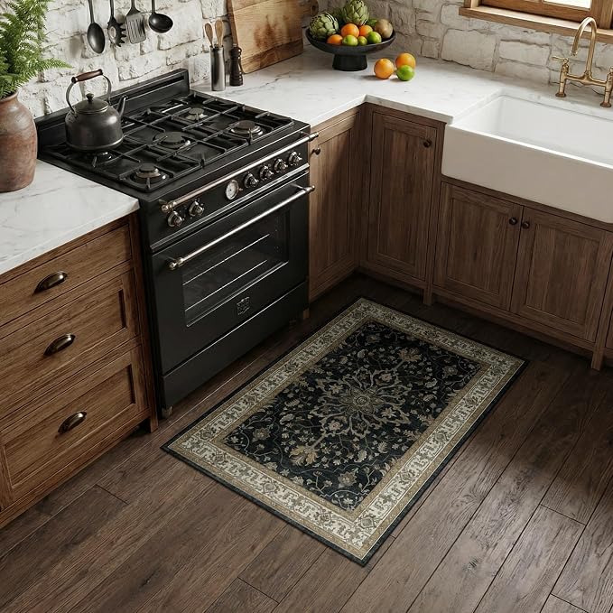 RELEANY Area Rugs Small 2'x3' Washable Non-Slip, Floral Vintage Distress Medallion Carpet for Kitchen Entryway Bathroom, Vintage Black Brown Neutral