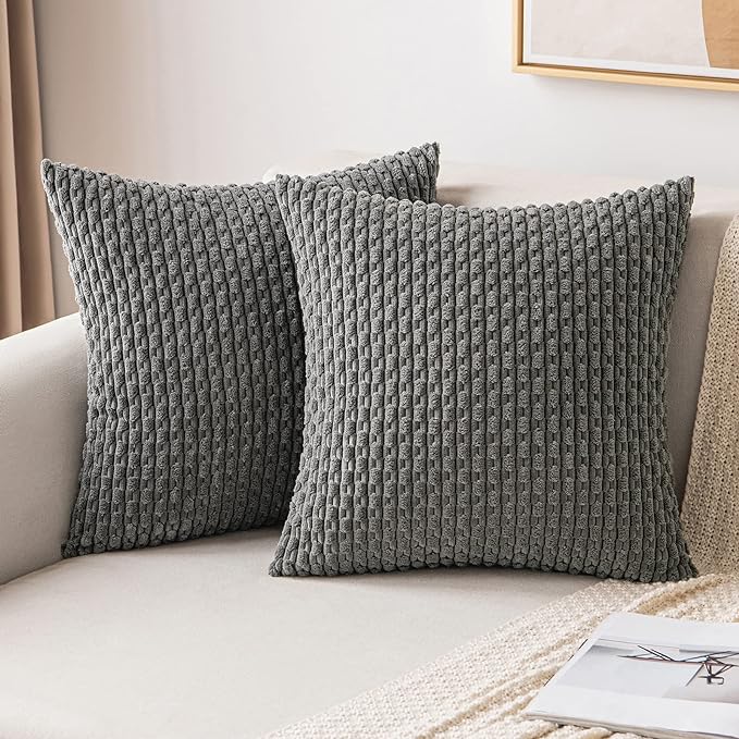 MIULEE Euro Sham Decorative Throw Pillow Covers 24x24 Dark Grey Corduroy | Textured Striped Pack of 2 Striped Pillow Covers Modern Farmhouse Home Decor for Couch Bed Sofa Living Room
