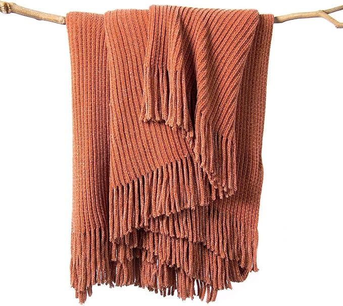 lifein Throw Blanket for Couch, Soft Boho Decor Bed Throw,Cozy Burnt Orange Chenille Knitted Small Farmhouse Lightweight Throw (Rust,60 * 80")