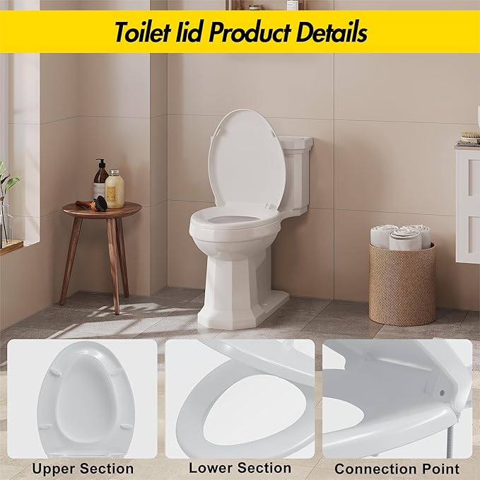 Elongated Toilet Seat Cover – PP Quick Release Flat Lid Toilet Seat, White Soft Close Design for Easy Cleaning & Comfortable Use