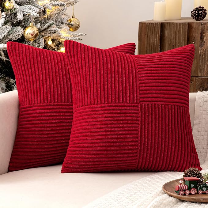 MIULEE Christmas Red Decorative Throw Pillow Covers for Couch 18x18 Inch | 2 Pack, Boho Farmhouse Pillow Covers, Soft Cross Corduroy Patchwork Textured Cushion Cases For Bed Sofa