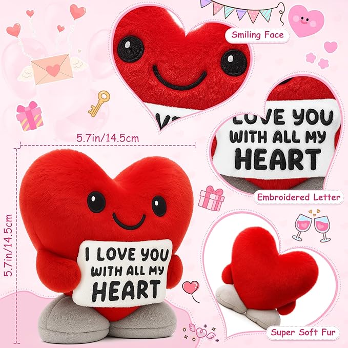 I Love You Anniversary Engagement Wedding Valentines for Men Women Couples Wife Husband Boyfriend Girlfriend Christmas To My Love Decor Red Heart Gifts for Him Her Fluffy Stuffed Animal- 5.7inch