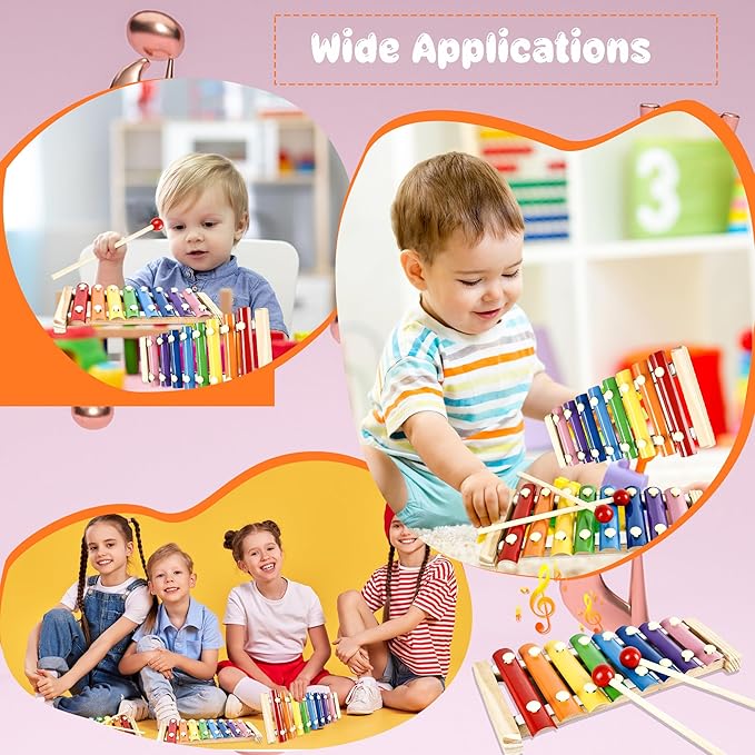 8 Sets Wood Xylophone for Kids Musical Toy Instrument with 16 Pcs Mallets Wooden Percussion Kit for Preschool Toddlers Educational Music Learning