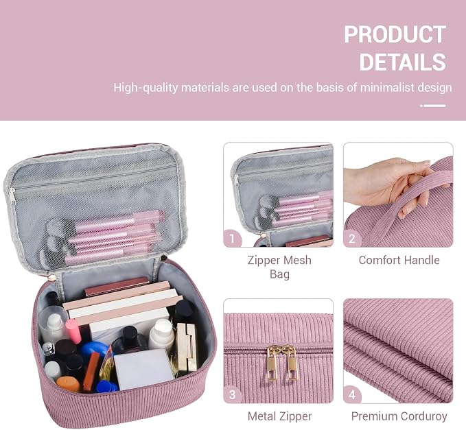 MAGEFY Small Makeup Bag for Purse Mini Cosmetics Bag Corduroy Cute Cosmetic Pouch for Women with Slip-in Pockets