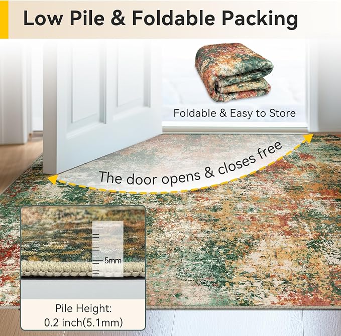 RELEANY Washable Square 8'x8' Area Rug for Living Room Green Multi | carpet for bedroom, kitchen, office, hallway and entryway, printed pattern, non-slip, soft, stain-resistant, easy to clean