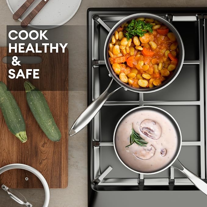COOKER KING Hybrid Stainless Steel Pot Set, 1.5 & 2 & 5QT Pots with Lids | 6PCS, Non Stick, Non Toxic, Stay-Cool Handles, Induction Compatible, Oven and Dishwasher Safe