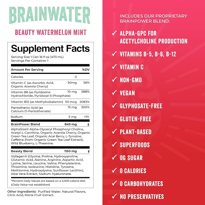 BrainJuice BrainWater Calm, Water for Clean Energy, Focus & Relaxation Support, Gluten Free, Zero Sugar Drinks with Ashwagandha, Alpha GPC, Vitamin C & B, Organic Green Tea, 8 Pack (Variety Pack)