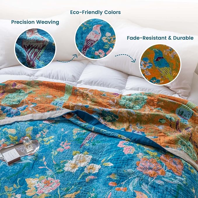 MSGKV Boho Throw Blanket 50"x60" 100% Cotton Floral Bird Throw for Couch | 100% Cotton Throw, Floral Bird Pattern, Reversible Woven, Breathable Lightweight, Farmhouse Decor, Machine Washable