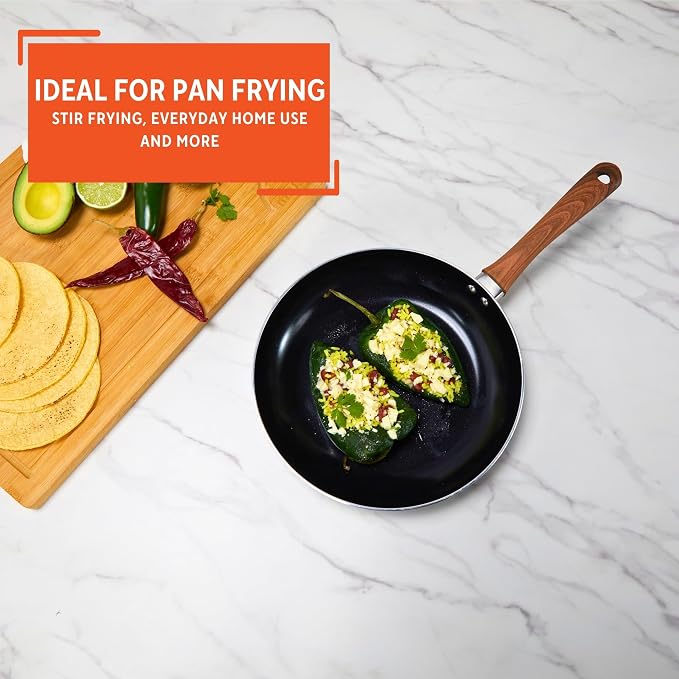 IMUSA 10 Inch Talavera Aluminum Black Ceramic Fry Pan with Woodlook Handle | Ceramic Nonstick, Glass Lid with Helper Handle, Deep Sauté Pan, Ideal for Family Cooking