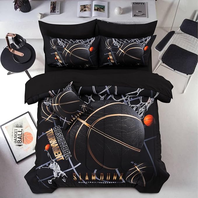 A Nice Night Basketball Court Printed Comforter Sets,with Sportsman Slam Dunk Printing 6Pcs Bedding Set in a Bag for Teen Boys,Full