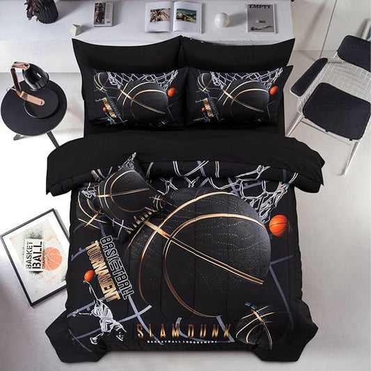 A Nice Night Comforter Set,6 Piece Bed-in-a-Bag with Comforter & Sheet Sets,Basketball Court with Sportsman Slam Dunk Printing for Kids Teen Boys,Queen