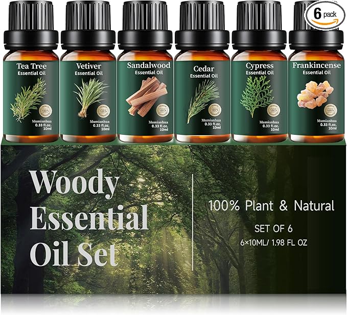 Woody Essential Oils Set, Pure Sandalwood Cedarwood Tea Tree Cypress Frankincense Vetiver – Natural Aromatherapy for Diffuser, Meditation, Candle & Soap Making – 6x10ml