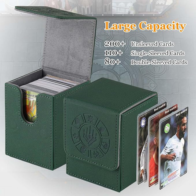 Arkeiliy Card Deck Box, 110+ Storage MTG Deck Box with 50 Pcs Card Sleeve, Collectible Trading Card Cases for Magic Commander and More (Green)