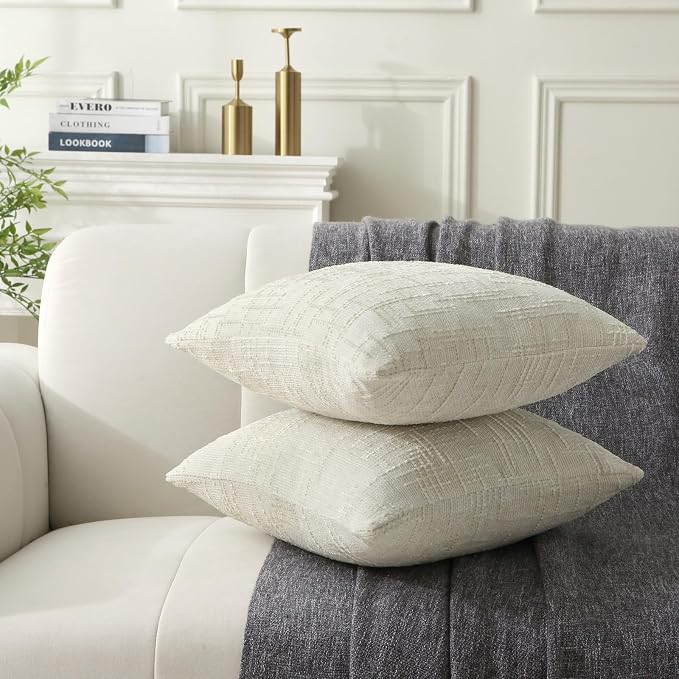 18" x 18" Decorative Throw Pillow with Inserts, Set of 2 Soft Modern Farmhouse Throw Pillows, Square Boho Pillow for Couch, Bed, Sofa Decor (White, 18" x 18"(Pack of 2))