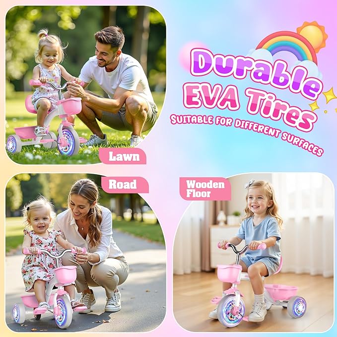 Toddler Tricycle for 1-3 3-5 Year Olds, 2 3 4 5 Year Old Girl Birthday Gifts, Pink Toddler Baby Bike, Outdoor Riding Toys for Ages 2-4, 4-Level Adjustable Seat, 3 Color Light Wheels, 2 Baskets
