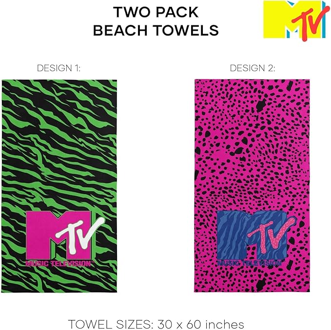 NORTHWEST MTV Beach Towel 2-Pack - Soft, Fast-Drying, Sand-Free Oversized Pool Towels, Neon Zebra & Pink Cheetah Designs, 30" x 60"