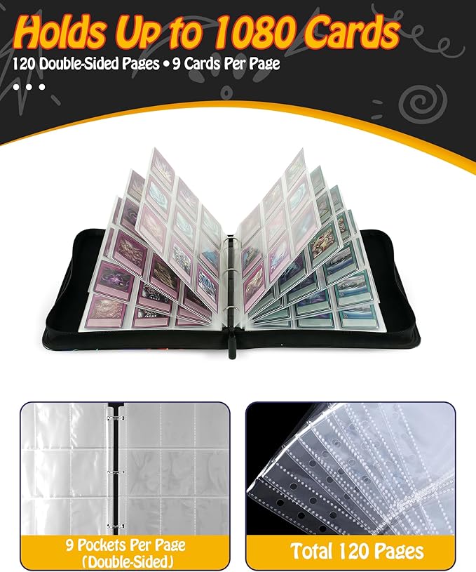 Trading Card Binder, 9-Pocket, Holds 1080 Cards, 120 Pages Side-Loading Card Album, PU Leather, Acid-Free Archival Sleeves, Durable Organizer for MTG, TCG & Sports Cards, Gift for Kids, Boys and Girls