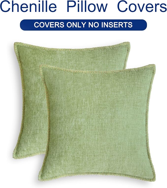 CaliTime Decorative Couch Throw Pillow Covers 22 X 22 Inches Sage Green | Pack of 2, Cozy Chenille Cushion Cases, Cotton Thread Stitching Edges, for Sofa Bed Living Room Farmhouse