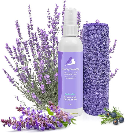 SwaytAway Travel Yoga Mat Cleaner Spray & Towel Kit, 4oz – Non Slip, No Rinse Plant-Based Lavender Essential Oil Mist for Gym, Pilates & Hot Yoga – Made in USA