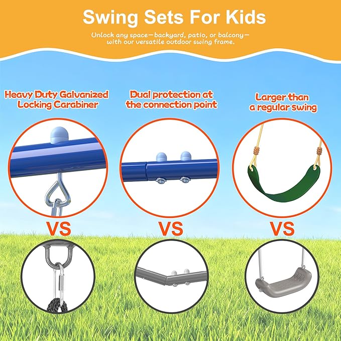 Heavy-Duty 5-in-1 Metal Swing Set for Backyard, Outdoor Playset for Kids 3-12 with Slide, 2 Swings, Basketball Hoop & Gymnastic Rings, Easy Assembly