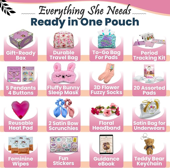 First Period Kit for Girls 9-12 | Puberty Kit for Tween Girls | Period Starter Kit with Pads, Wipes, Heating Pad, E-Book & More | First Period Gift Set for Daughter | 48 Pcs