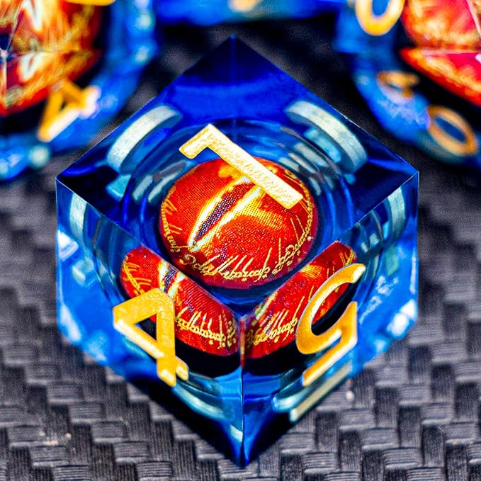 ARUOHHA DND Resin Dice Gazes Eye Dice Golden Blue Liquid Core Flaming RPG Sharp Edged Dice Set with Gift Box, Polyhedral D and D Dice Set Compatible with Dungeons Dragons Role Playing Game D20 D6