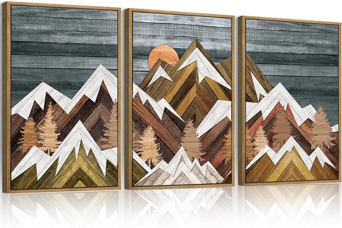 BINCUE Rustic Mountain Canvas Wall Picture Framed Wall Art for Office Living Room Bedroom 16x24 Inches Set of 3