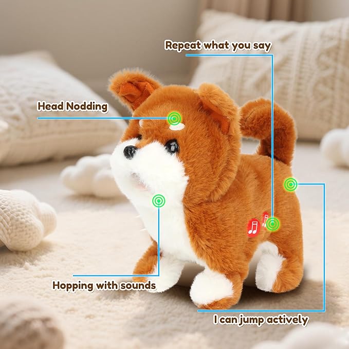Easfan 7" Electric Walking Plush Dog Toy Interactive Talking Musical Plush Toy Brown Puppy Birthday Gifts for Kids Toddlers