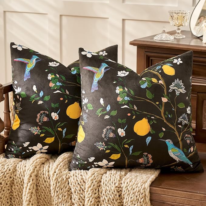 MUSSEL Brown Velvet Floral Decorative 16x16 Pillow Covers Set of 2 | Soft Durable and Sturdy,Bird Plant,Throw Pillows Case,Square,Colorful Modern Cushion Covers,Home Sofa Bed Couch Decor