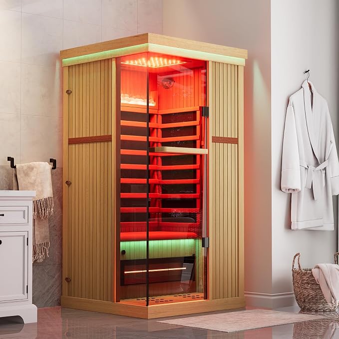 MEISSALIVVE Full Spectrum Infrared Sauna，1 Person Home Sauna，Canadian Hemlock Wood Indoor Spa Sauna with Resonance Speaker and Tempered Glass