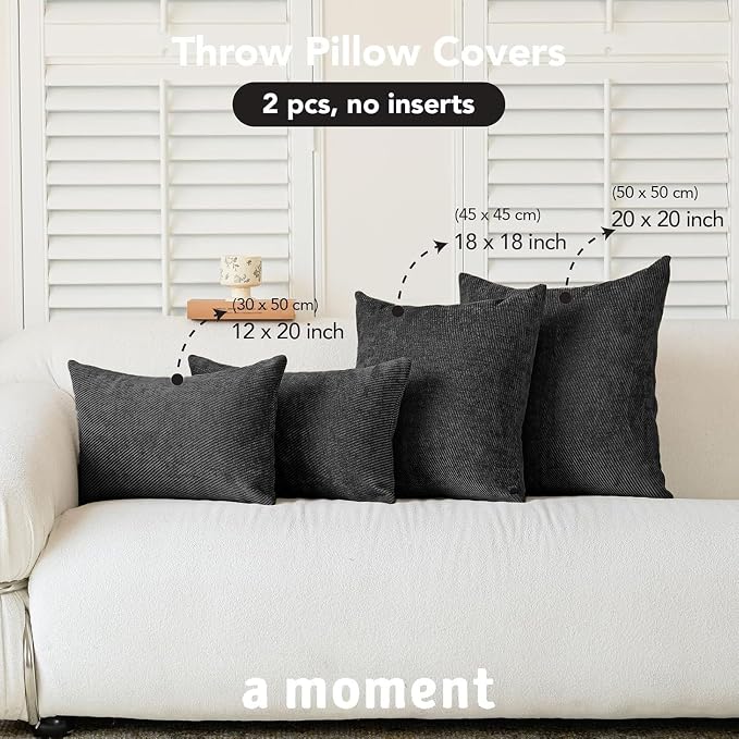 a moment Pack of 2 Decorative Chenille Throw Pillow Covers with Twill Cushion Covers for Sofa Living Room Couch Bed 16x16 Inch Black