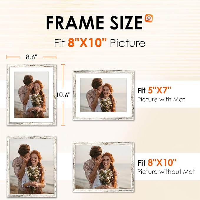 FIXSMITH 8x10 Picture Frame 2 Pack, Distressed White Photo Frame with HD Plexiglass, Display Pictures 5x7 with Mat or 8x10 Without Mat, Distressed White Multi Picture Frames Collage for Tabletop or Wall Display