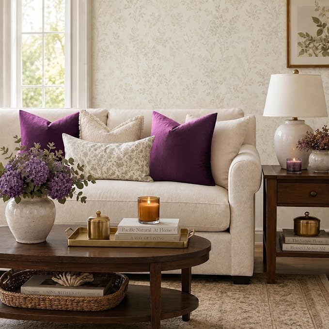 GIGIZAZA Velvet Pillow Covers 24x24 Decorative Pillows Pack of 2 Purple | Throw Pillows for Couch Sofa,280gsm Soft Textured Fabric,Luxury Modern Square Pillowcases,Home Decor Cushion Covers