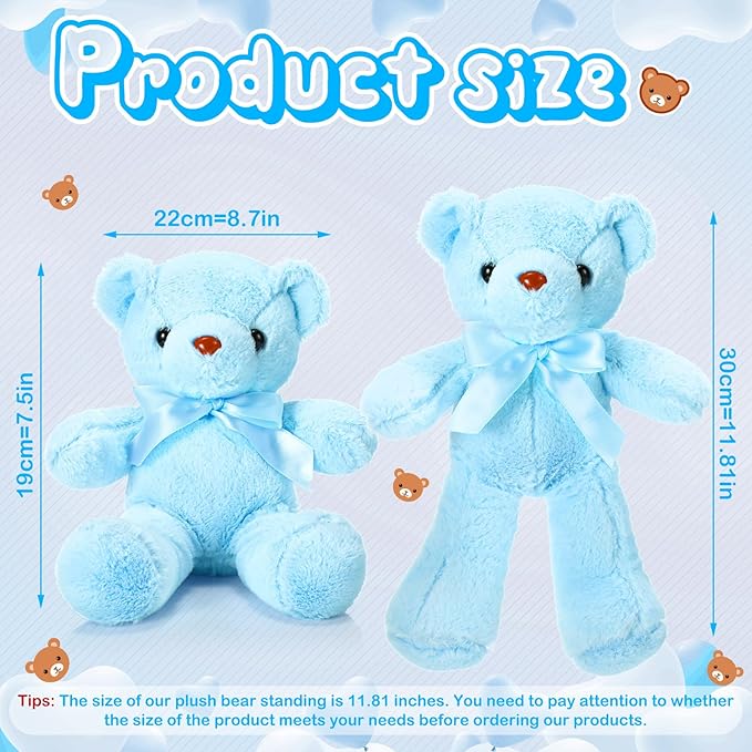 Aoriher 6 Pcs Bear Stuffed Animal Bulk Baby Shower Bear Plush Toys Soft Cute Sleeping and Playing Decorations for Kids Back to School Gift Baby Shower Birthday Party Favor(Blue)