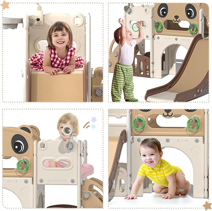 NYEEKOY 9-in-1 Toddler Slide and Climber Set Indoor Outdoor Slide Playset for Kids Age 1-8, Freestanding Backyard Playground with RNG Toss, Basketball Hoop,Telescope, Storage Space