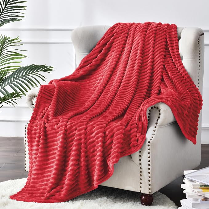 BEDELITE 3D Ribbed Jacquard Red Fleece Throw Blanket for Couch, 50x60 Inch | Soft Warm Decorative Fluffy Blanket, Cozy Plush Lightweight Fuzzy Throw Blanket for Bed Sofa Home Room Decor, Gift for Women
