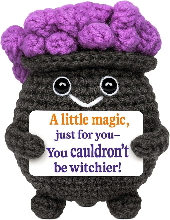 Halloween Witch Cauldron Crochet Mini Plush – Amigurumi Spooky Cute Desk Decor, Tiered Tray Kawaii Witchy Gift, Handmade Halloween Decorations, 3.4 x 2.6 in