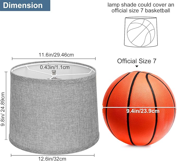 Drum Lamp Shades Set of 2, 11.6"Top x 12.6"Bottom x 9.8"High, Gray | Natural Linen Lamp Shades for Table Lamps, Bedside Lamps, Floor Lamps, Spider, Harp Holders Included, Easy Assembly Required