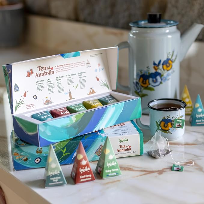 Lazika Tea Sampler with Premium Presentation Box, 10 Counts, Mothers Day Gifts, 2 of Each Blend Individually Wrapped, Black, Green and Herbal Tea Variety Gift Set, Collection with Pyramid Infuser Bag