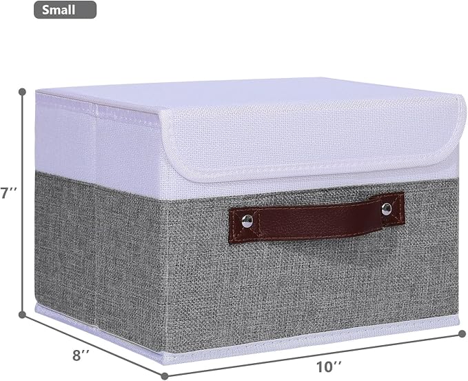 ANMINY Fabric Storage Box Bins with Lids, Gray White, 10"x8"x7", 4 Pack | Keepsake Memory Storage, Cotton Linen, PP Board Reinforced, Washable, PU Handles, Foldable & Stackable, Decorative, Small