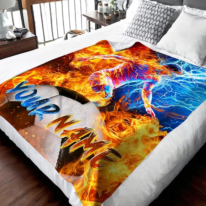 Personalized Blanket Gift for Boys Men Soccer Throw Blankets for Kids Teens, 50x60 Inches Lightweight Comfy Soft Cool Custom Sport Throw for Sofa Couch Chair Bedroom