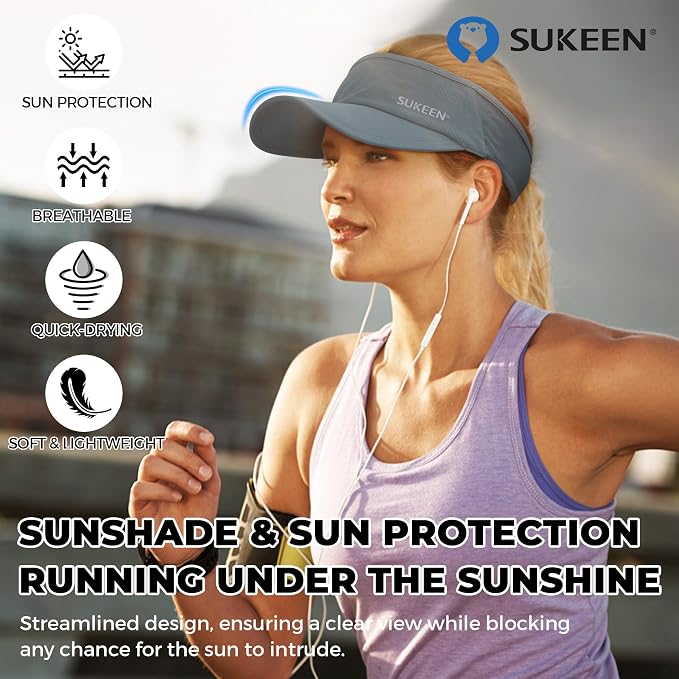 Sukeen Lightweight Sports Sun Visor Hat for Men Women | Packable, breathable, quick-dry, UPF50+ cooling visor hat, stretch fit, for running, tennis, golf, pickleball, softball