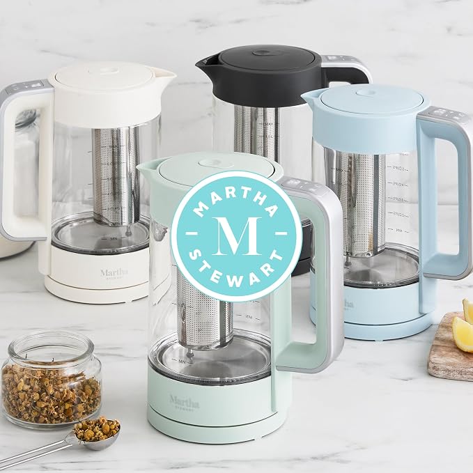 Martha Stewart Electric Kettle with Removable Stainless Steel Tea Infuser, Glass Carafe 1.7L (7 Cups), Hot Water Boiler, 4 Presets,  Keep Warm & Auto Shut-Off, Cordless 360° Swivel Base, Indigo Blue